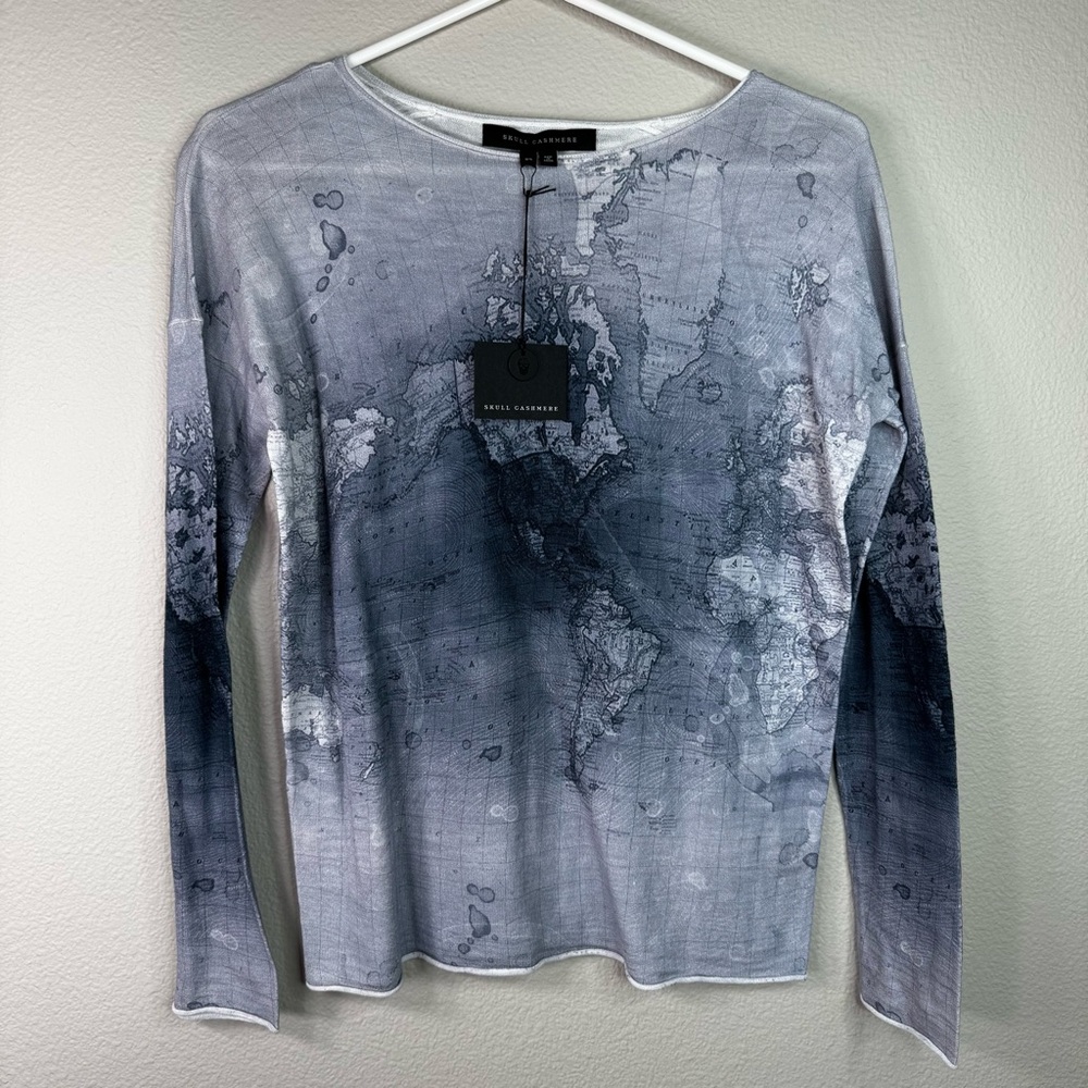 Skull Cashmere Gray Map Design Top XS NEW Long Sleeve Sweater Top